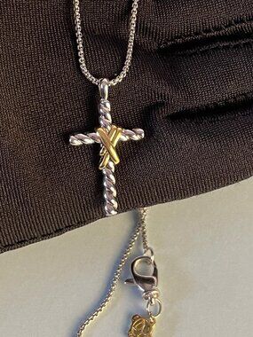 David Yurman X Cross Pendant Necklace in S 925 Silver with 14 K Yellow Gold